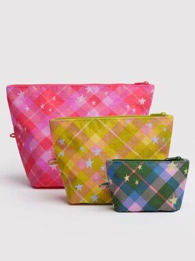 NWT Baggu Go Pouch Set - Star Plaid (Pink, Yellow, Green)